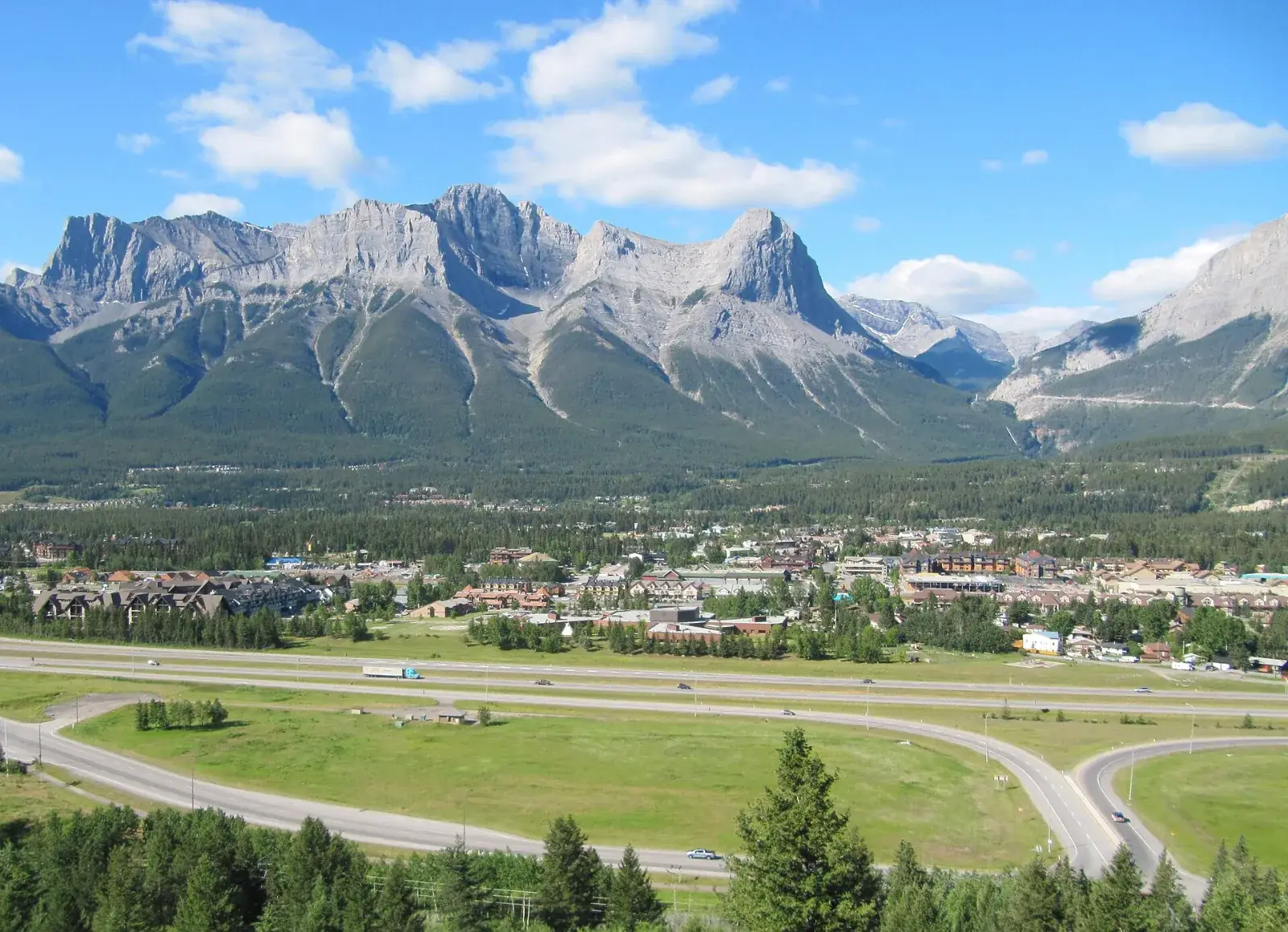 Downtown Canmore beneath the Three Sisters peaks