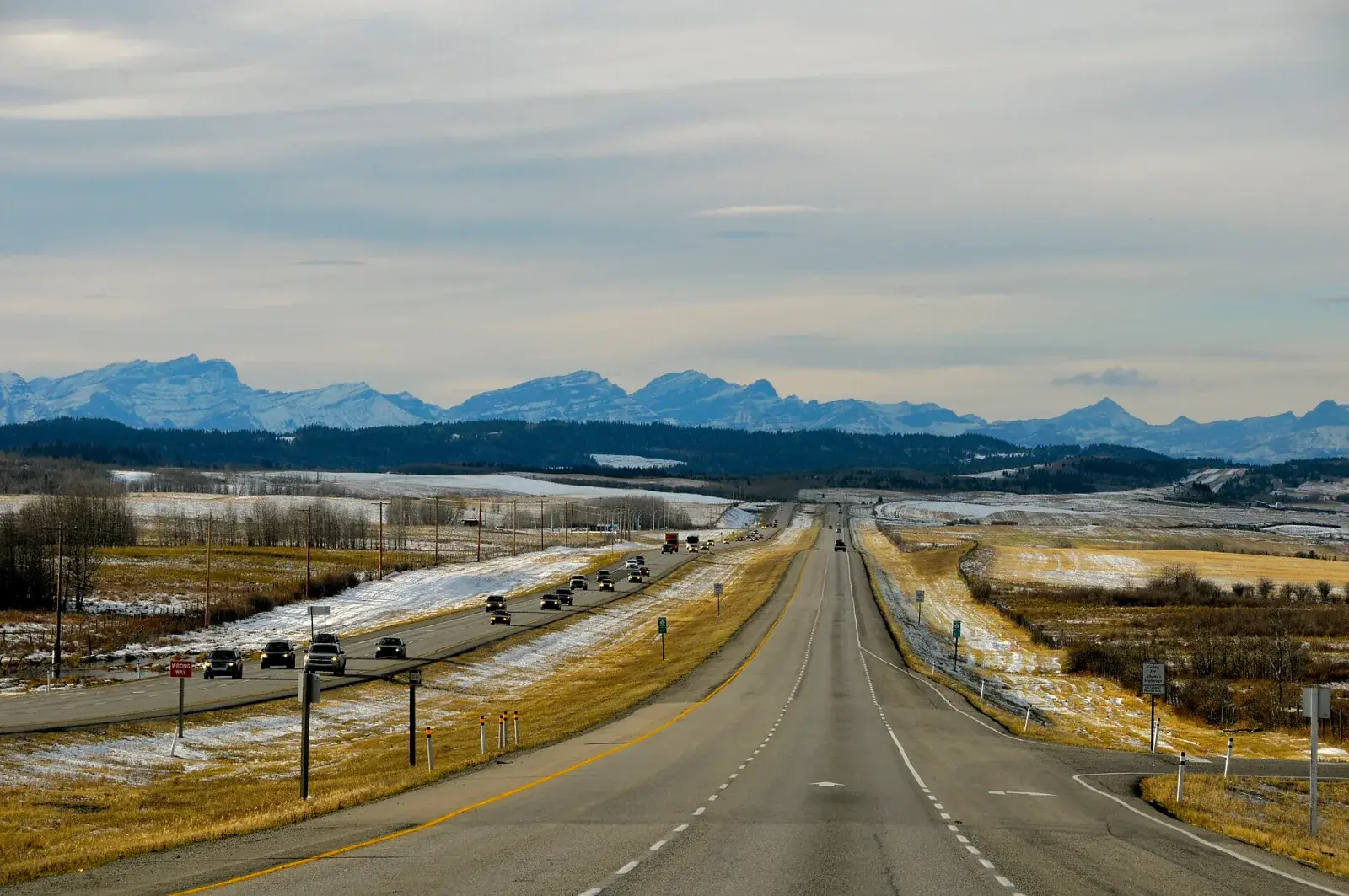 Highway 1 west of Calgary through Rocky View County toward the Rocky Mountains