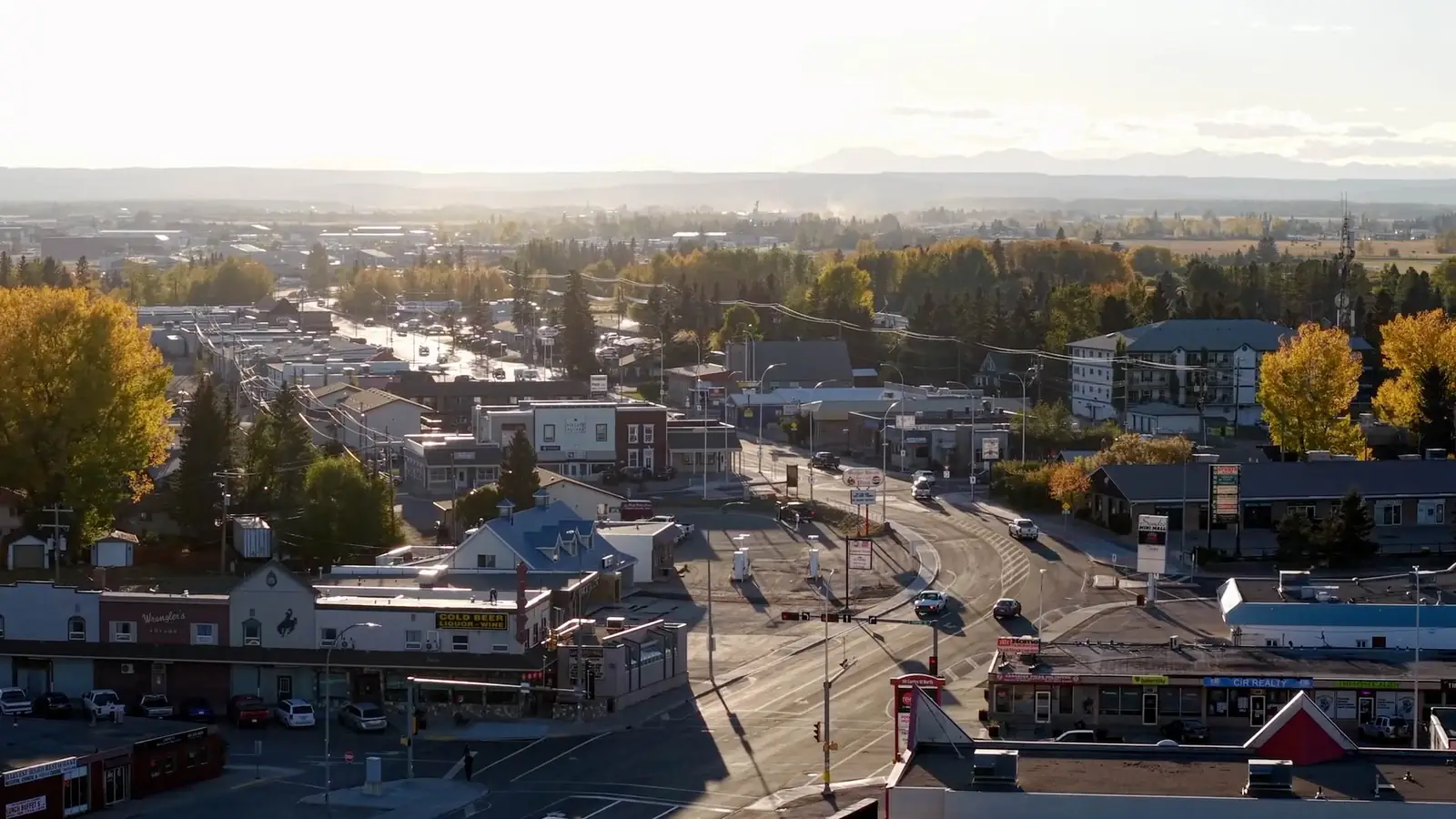 Aerial view of downtown Sundre in the fall